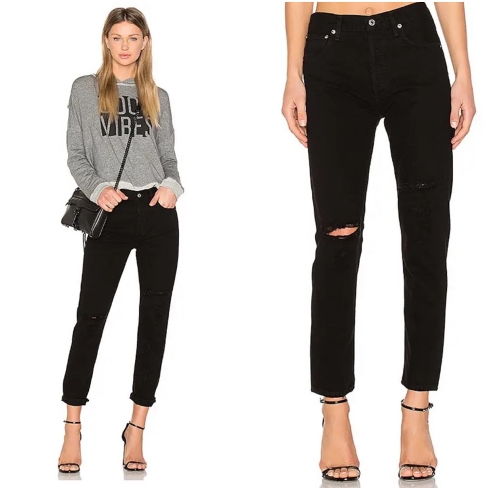 AGOLDE Jamie High Rise Classic Distressed Jeans in Black Size 28